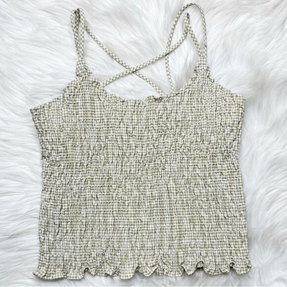 Papas Fashion Vintage Smocked Criss Cross Checkered Tank Top Brown White Medium - Picture 1 of 6
